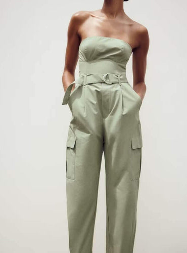 Belt Pockets Solid Backless Jumpsuits - Kath