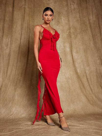 V Neck Backless Draped Dress - Rubia