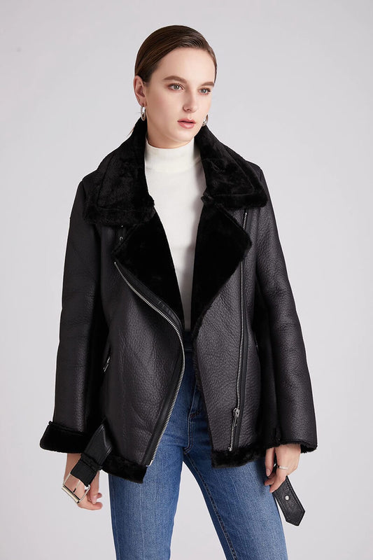 Thick Faux Leather Fur Sheepskin Jacket - clarice