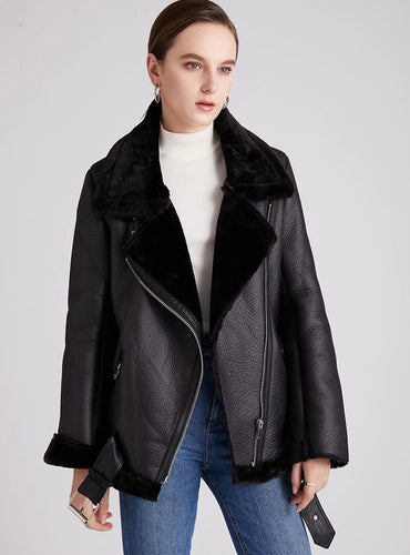 Thick Faux Leather Fur Sheepskin Jacket - clarice
