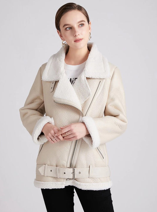 Thick Faux Leather Fur Sheepskin Jacket - Janice